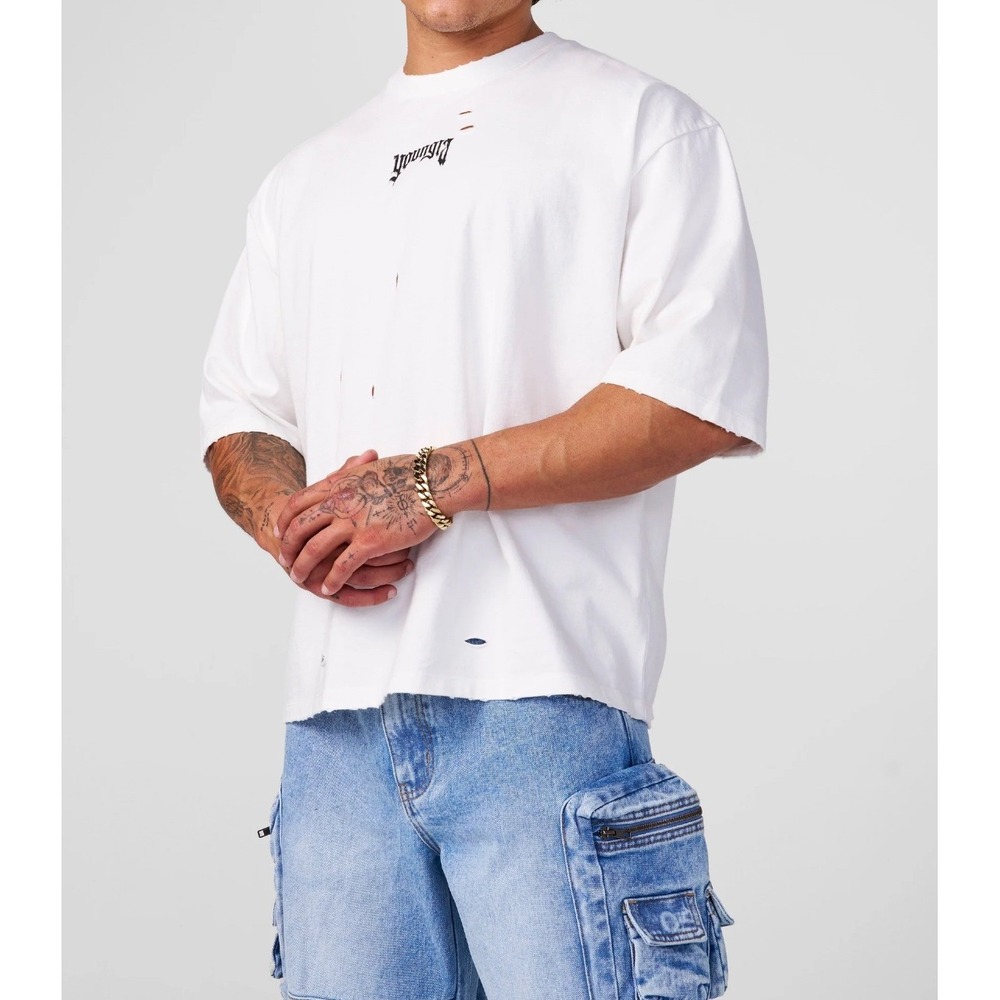 YOUNGLA Mens Off-White Distressed T-Shirt Graphic Print Size Large Oversized Tee